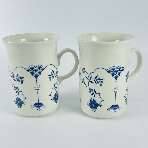 2 Churchill Finlandia Blue White Floral Flared Mouth Coffee Mug Made in England - Picture 1 of 10